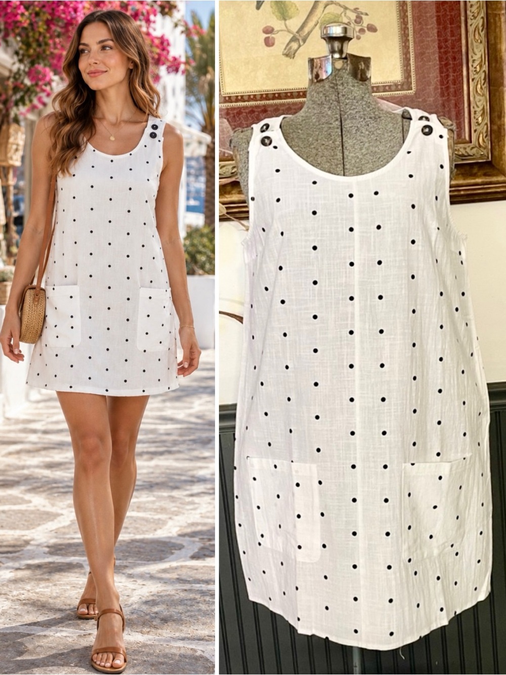 Misslook Black & White Polka Dot Cotton Shift Mini Dress Sz M 💚🎀